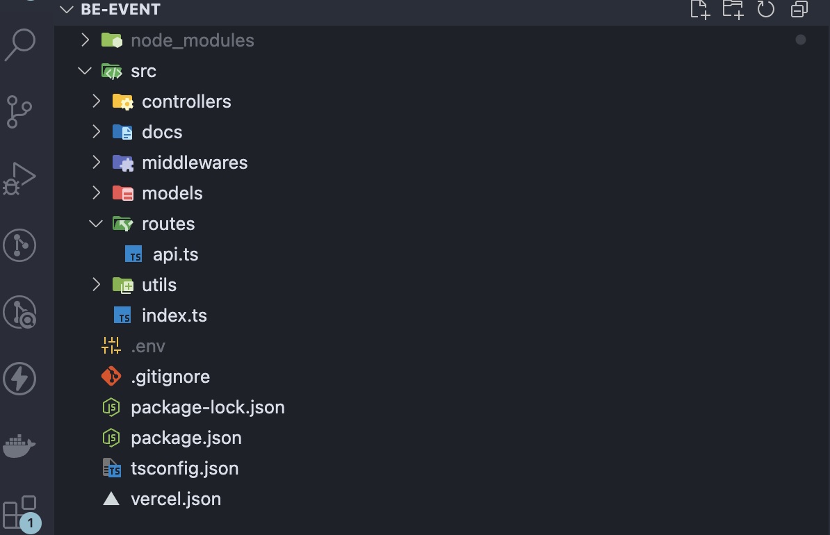 VS Code file explorer showing the BE-EVENT Express.ts project structure